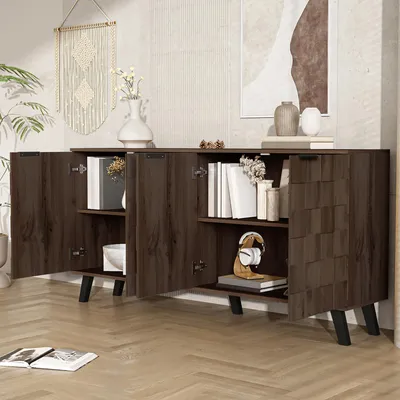 Produktbild von MODFU Wohnzimmerschrank Sideboard mit 4 Türen in dunkler Holzmaserung,Aufbewahrungsschrank mit verstellbaren Einlegeböden,mit schwarzen Kunststoffgriffen und schwarzen Beinen,Holz