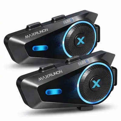 Obrázek produktu pro Motocyklový interkom sada 2 ks FARROT D10 MAXRUNON Bluetooth 5.4 Mesh 4 osoby ANC 120 km/h 1600 m FM rádio IP67 USB-C do helem
