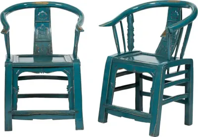 Imagen del producto de Sillones antiguos asiáticos, juego de dos, de estilo chino, principios del siglo XIX, color azul, acabado de alto brillo, tallados a mano