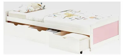 Produktbild von Bett MIA aus massiver Kiefer in Weiß/Rosa, Funktionsbett mit 3 Schubladen, praktisches Jugendbett mit Liegefläche 90 x 200 cm