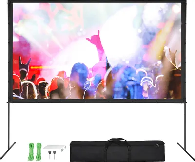 A projection screen with a stand, accessories, and a carrying bag, displaying a concert scene.