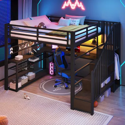 Produktbild von 140x200cm Metall-Gaming-Hochbett mit LED Kleiderschrank Schreibtisch & Stauraum Schwarz