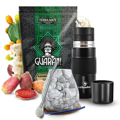 Produktbild von Guarani - Mate Tee Set Ashwagandha Cactus 500g - Rauchig Mit Viel Staub - Yerbomos X 3in1 Thermoskanne 450ml - Mate Becher 300ml - Yerba Mate