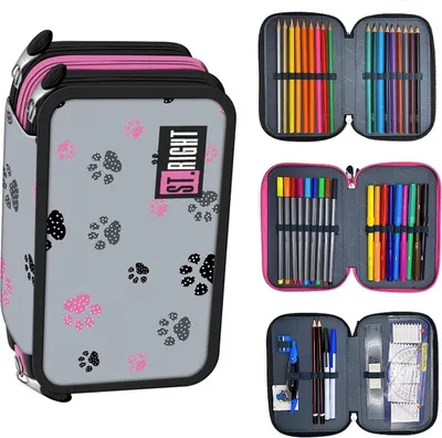 Produktbild von St. Right XXL Federtasche Federmappe Federmäppchen 46-teilig gefüllte Schüleretui 3-stöckig 19 x 13 x 7 cm inkl. Hausaufgabenheft Paws Pfoten