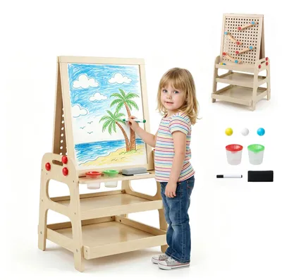 Produktbild von KOMFOTTEU 2 in 1 Kinderstaffelei, Staffelei mit Magnet-Whiteboard & Murmelbahn | Kunststaffelei Holz mit Regale, 2 Farbbecher, 3 Murmeln, Filzstift & Radiergummi, doppelseitige Tafel für Kinder ab 3 Jahren
