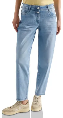 Productafbeelding van Cecil high-waist broek met wijde pijpen, losse pasvorm, lichtblauwe kleur, "used" look, maat 27