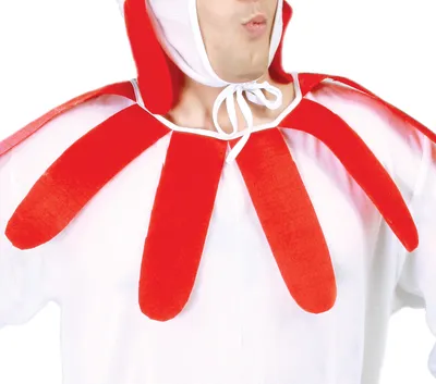 Close-up of a person wearing a white costume with red accents around the neck and a white hood.