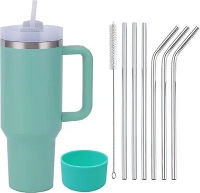 Zdjęcie produktu dla dwuścienny, izolowany próżniowo kubek ze stali nierdzewnej 1200 ml z uchwytem Kubek termiczny 40oz ze słomką i silikonowym pokrowcem, zielony