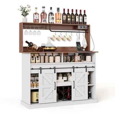 Produktbild von 120 cm lange Kaffeebar mit Gläserhalter und Steckdosen (2×AC, 2×USB), Sideboard mit Stauraum, Sideboard im Landhausstil für Küche mit Schiebetüren