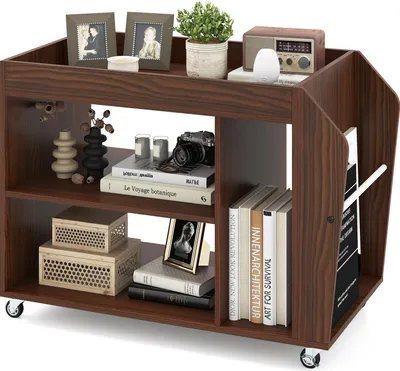 Produktbild von Rollbarer Beistelltisch mit Stauraum, 3-stufiges Bücherregal mit Zeitschriftenhalter, offenen Regalen & 4 Universalrollen, Mobiler Aktenschrank, Braun