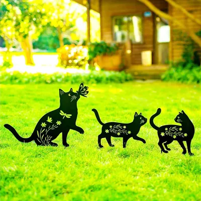 Produktbild von Set mit 3 dekorativen Metall-Gartensteckern für Hof, Garten, Rasen, Außendekoration für Katzenliebhaber. (3 schwarze Katzen)