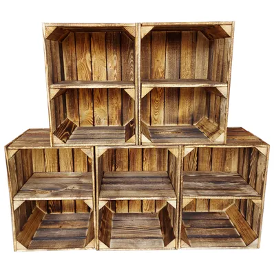 Produktbild von 5er Holzkisten Geflammte mit Regal - 40x30x24 cm - Dekorative Aufbewahrungsboxen aus Holz