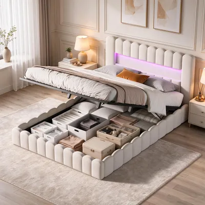 Produktbild von INONEFT Polsterbett 140x200cm mit LED Stauraum Kopfteil, Boxspringbett Doppelbett, hydraulisches Stauraumbett mit Lattenrost, Jugendbett,Leinen, Beige