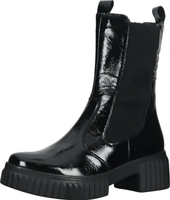 A black patent leather boot with a thick sole, shown against a white background.