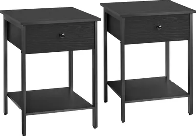 Two black nightstands are shown side-by-side against a white background.