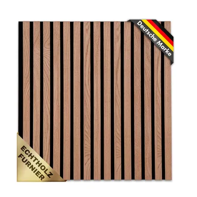 A square acoustic panel with vertical wooden slats and black gaps, presented on a white background.