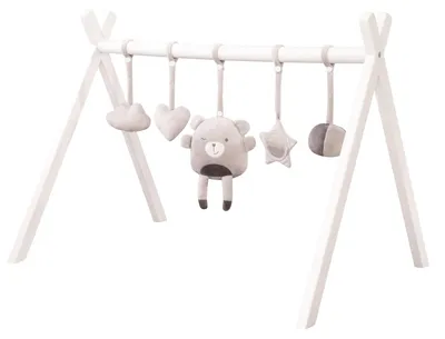 Produktbild von roba Baby Spielbogen aus Holz - Baby Gym & Montessorie Spielzeug mit Anhänger roba Style - Activity Center & Spieltrapez ab 3 Monaten - Grau