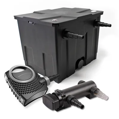 Immagine prodotto di Set completo SunSun: filtro per laghetti CBF-350 fino a 12000 litri come filtro a flusso continuo, pompa per laghetti NEO7000 SuperEco 7000l/h 50W, chiarificatore per laghetti CUV-318 con chiarificatore UVC 18W