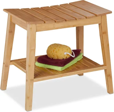 Image de Banc de salle de bain avec étagère - Tabouret en bambou - 45 x 51,5 x 34 cm - Rangement pour couloir et entrée - Naturel