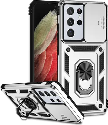 Produktbild von Galaxy S21 Ultra 5G Hülle mit Schiebe Kamera Schutz und Ringhalter Ständer Robust Rüstung Schutzhülle für Samsung Galaxy S21 Ultra 5G Silber