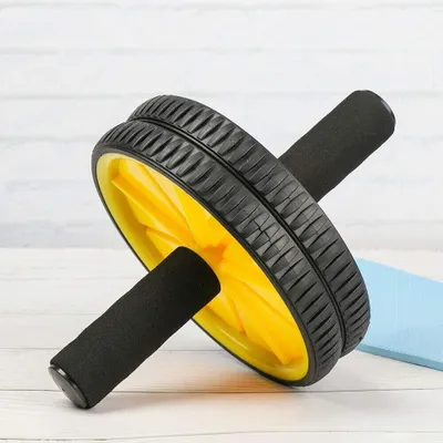 Image de Roue abdominale - Entraîneur abdominaux - Deux roues - Jaune - Avec tapis genouillères - Pour la maison