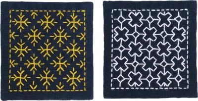Zdjęcie produktu dla Zestaw do haftu Olympus Hitomezashi Sashiko "Coaster navy 5szt", tkanina drukowana, 10x10cm, oryginał z Japonii