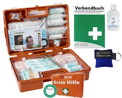Produktbild von Erste-Hilfe-Koffer M2 PLUS für Betriebe mit aktueller DIN/EN 13157 & DIN/EN 13164 + Notfallbeatmungshilfe, perforiertem Verbandbuch & Hygiene-Gel