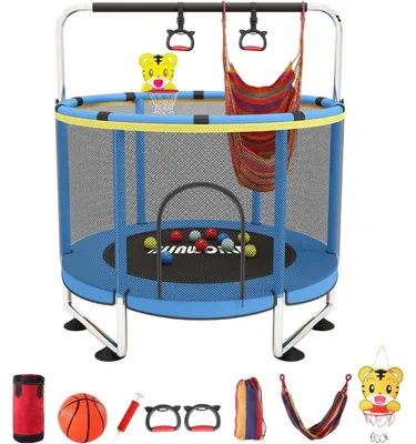 Image de Trampoline pour enfants avec panier de basket, réglable, capacité de 200 kg, pour intérieur et extérieur, couleur bleue