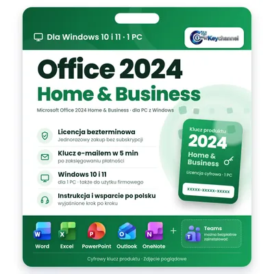 Zdjęcie produktu dla Microsoft Office 2024 Home & Business | Pełna wersja dla Windows 10/11 | 1 PC | Licencja bezterminowa bez subskrypcji | Klucz e-mailem w 5 min