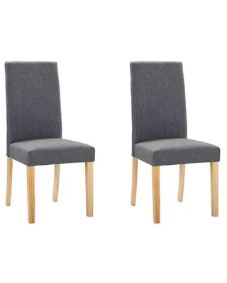Two gray upholstered dining chairs with wooden legs are shown against a white background.