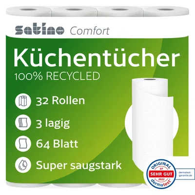 Produktbild von Satino Küchenrolle 3-lagig – 32 Rollen – 64 Blatt pro Rolle - saugstark & reißfest - Küchentücher -  Germany