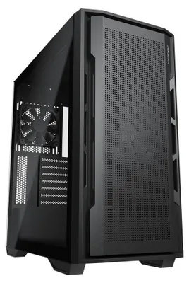 A black computer case is shown against a white background.