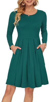 Produktbild von AUSELILY Langarm Rundhals Plissee Knielanges Kleid Taschen Dunkelgrün XXL