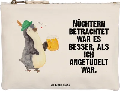 Produktbild von Mr. & Mrs. Panda Kulturtasche Pinguin Bier Größe M - Weiß - Geschenk, Beschwippst, Make-Up Tasche, Kulturbeutel, , Etui, Pouch, Angetüdelt, Schlampermäppchen
