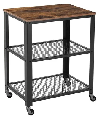 Obrázek produktu pro Servírovací vozík se 3 úrovněmi, s deskou, 4 kolečky, z nichž 2 mají brzdy, vintage design v barvách hnědé a černé, rozměry 60 x 77,5 x 40 cm