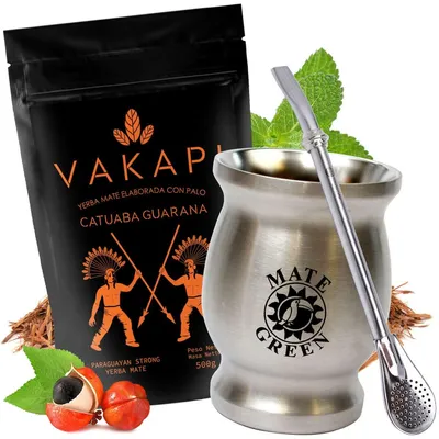 Produktbild von Yerba Mate-Tee Paraguya Set - Yerba Mate Tee Vakapi mit Guarana 500g - Mate Tee Thermobecher Doublewall 220ml Silver - Bombilla 19cm