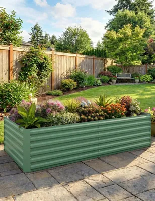 Zdjęcie produktu dla Podwyższona grządka – skrzynka na rośliny – metal ocynkowany, odporny na rdzę – wymiary 180×90×60 cm – łatwy montaż – kolor zielony