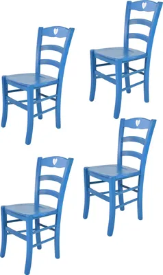 Four blue wooden chairs are arranged in a grid on a white background.