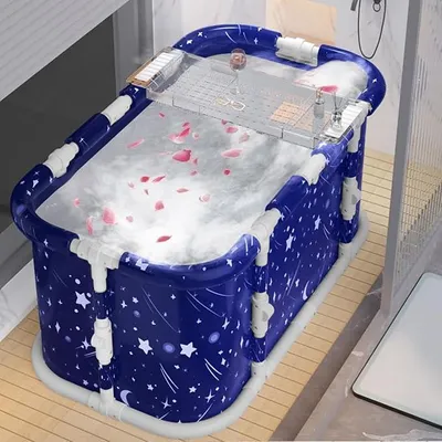 Produktbild von 114,4 cm große, faltbare Badewanne, freistehende Einweichbadewanne mit Metallrahmen, faltbare -Badewanne für Erwachsene, tragbare Badewannen für heißes Bad, Eisbad, Dusche, Blau