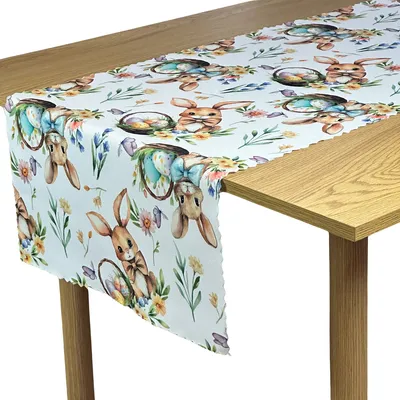 Obrázek produktu pro Velikonoční ubrus odolný proti skvrnám běhoun Králík Zábava Barevná velikonoční vajíčka Květiny Bieżniki 50x160 cm