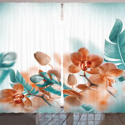 Produktbild von ARANDE Tropisch Gardine, Tropische Orchideen Blüten Blätter Unscharf Hintergrund Blumen Modernen Kunst, 280 x 245 cm, Orange Teal