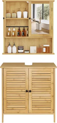 Produktbild von Badezimmer Badmöbel Set Waschbeckenunterschrank Unterschrank Badezimmerschrank mit Spiegelschrank Hängeschrank für Bad Bambus Model 5