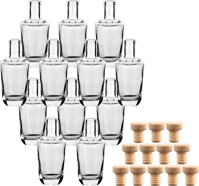 Produktbild von gouveo 12er Set Glasflaschen 250 ml “Alchimia” mit Korken (HGK) - Kleine Flasche mit Korkverschluss zum Befüllen von Likör, Schnaps, Öl