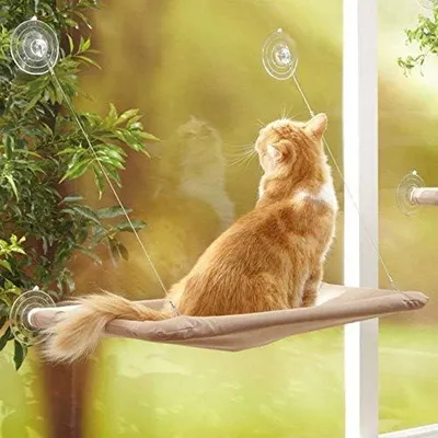 Produktbild von Katzenhängematte am Fenster für die Stange der Katze, Hängebett für Haustiere mit Saugnapf, bequem, langlebig, robust, Stauraum (55 x 32 cm)