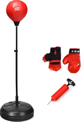 Produktbild von Boxset Boxstand für Kinder, Punchingball Set hoehenverstellbar von 122cm-154cm, Punching Standbox für Kinder über 8 Jahre alt, Standboxsack mit Boxhandschuhen & Pumpe, Rot & Schwarz