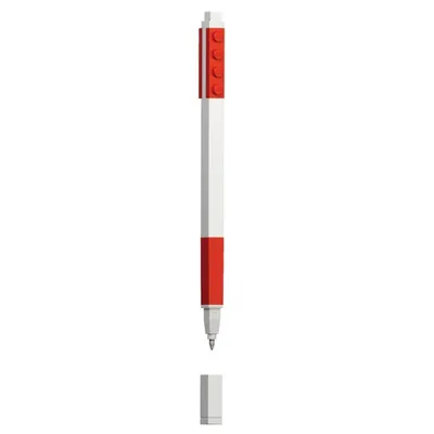 A red and white LEGO-style gel pen with its cap detached.