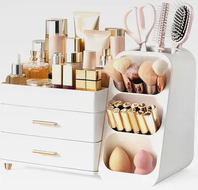 Produktbild von Makeup Kosmetik Organizer mit Schubladen, Pinsel Organizer, 3-in-1 Plastic Kosmetik Aufbewahrungsbox, Schmink Aufbewahrungskasten Große Lagerung Weiß