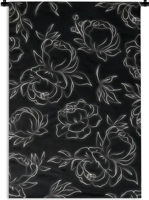 Produktbild von MuchoWow® Wandteppich Wandbehang Blumen - Schwarz und weiß - Muster - Linienkunst 60x90 cm Tapisserie Dekoration Wandtuch - Foto-Teppich - Abwaschbar