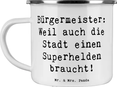Produktbild von Mr. & Mrs. Panda Emaille Tasse Spruch Bürgermeister Superheld - Weiß - Geschenk, Stadtverwaltung, Haferl, Pott, Führungsposition, Herausforderung, Beruf, Kaffeepott