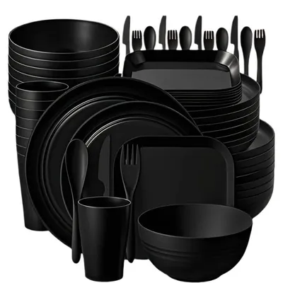 Produktbild von Leichtes 64-teiliges Geschirrset aus Weizenstroh, Komplettset mit Teller, Schale, Becher und Besteck für Outdoor-Aktivitäten,Black